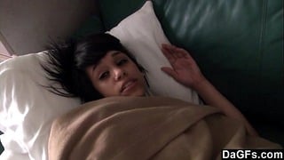 Latina Teen Gives Handjob on Couch